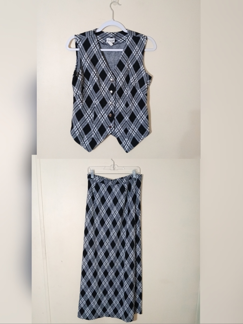 Vintage Black & White Plaid Vest and Maxi Skirt Set